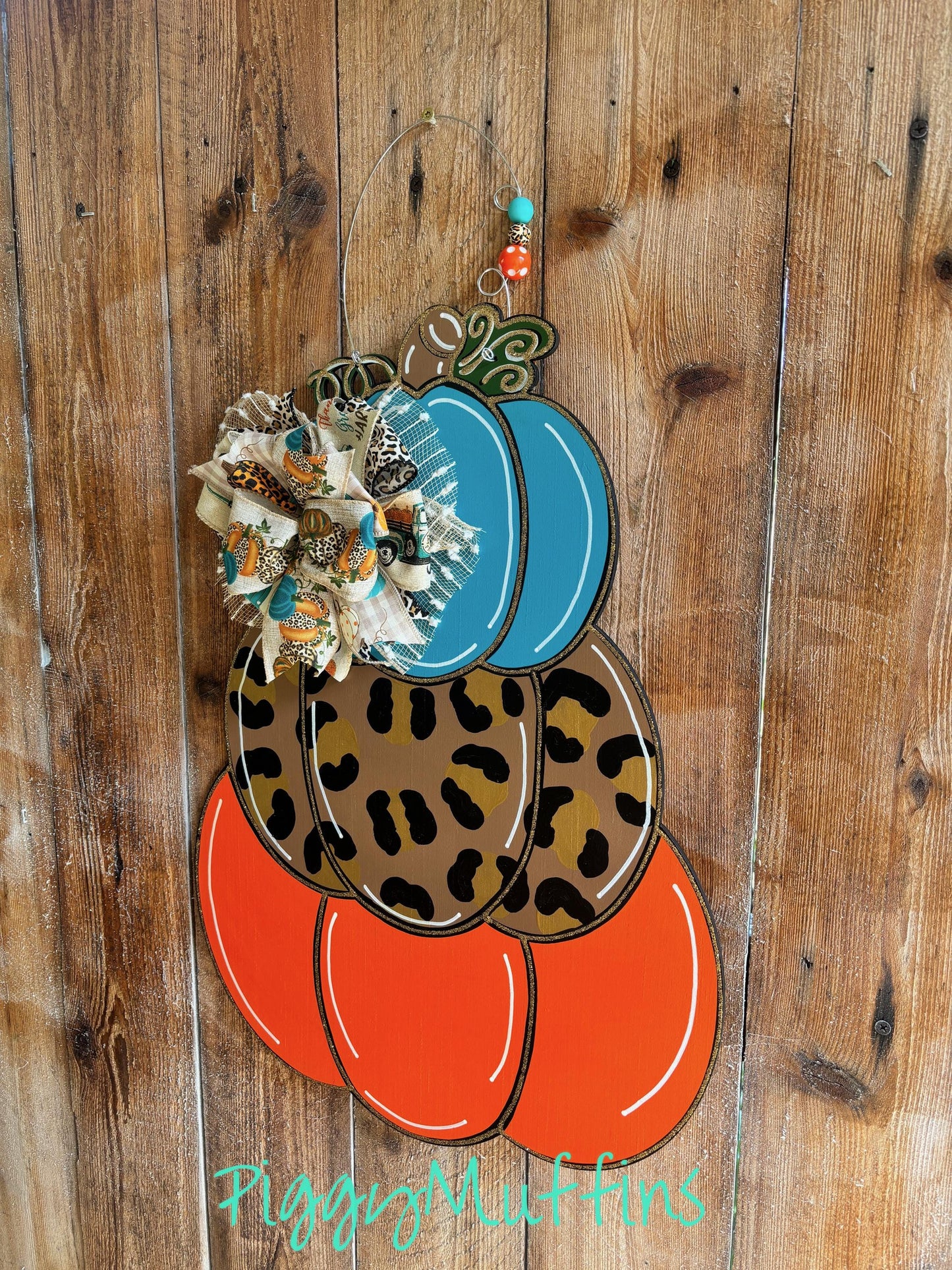 Fall Door Hanger | Fall Pumpkin Stack Leopard Orange Turquoise Door Hanger Personalized | Door Hanger