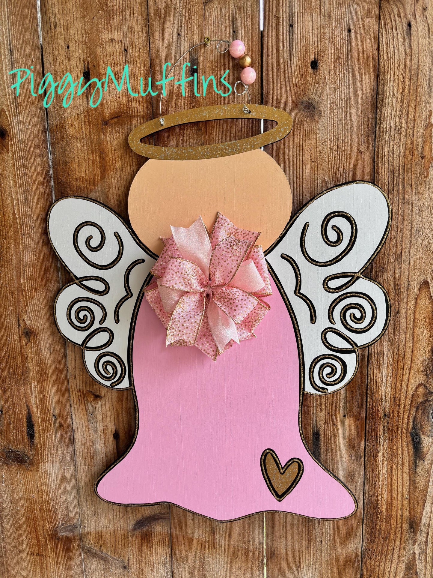 Christmas Door Hanger | Angel Door Hanger | Pink and Gold Angel Wreath | Christmas Wreath | PiggyMuffins | Christmas Angel