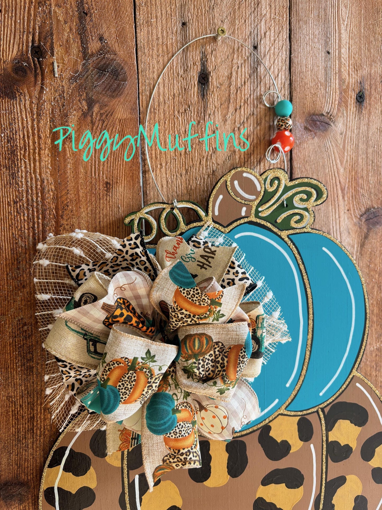 Fall Door Hanger | Fall Pumpkin Stack Leopard Orange Turquoise Door Hanger Personalized | Door Hanger