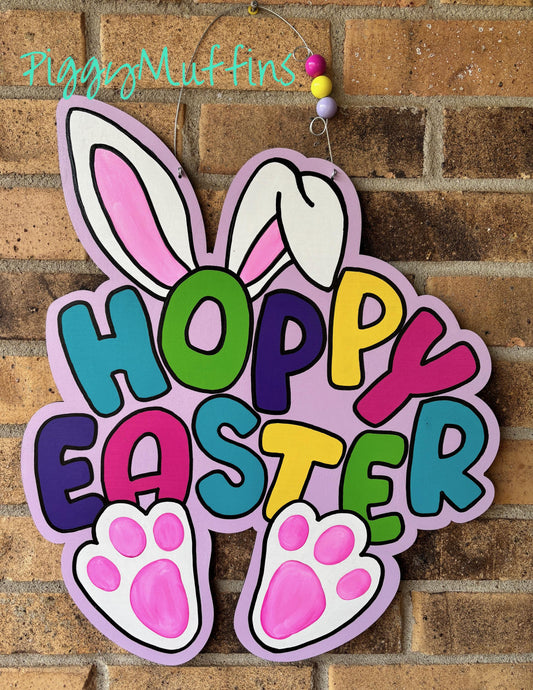 SHIPS TODAY! Bunny Door Hanger | Easter Bunny Hoppy Easter Door Hanger | Easter Wreath | Spring Door Hanger | Spring Wreath | PiggyMuffins