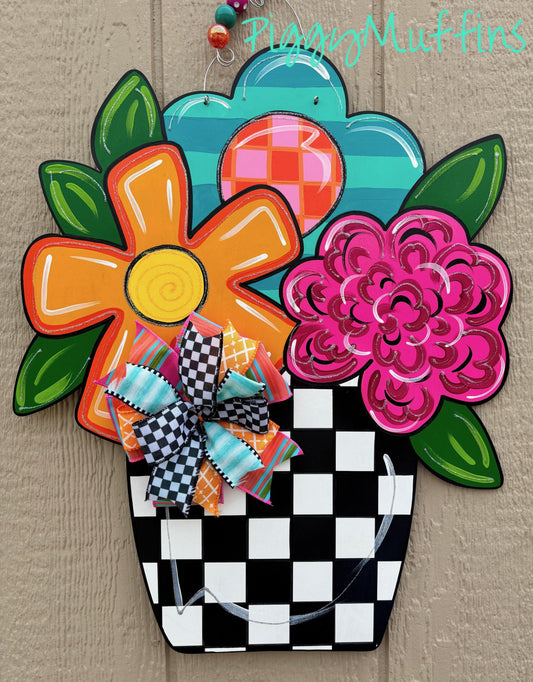 Floral Door Hanger: Bright Spring/Summer Checkerboard Wreath