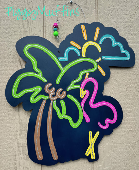 Flamingo "NEON" Summer Door Hanger: Beach House Wreath